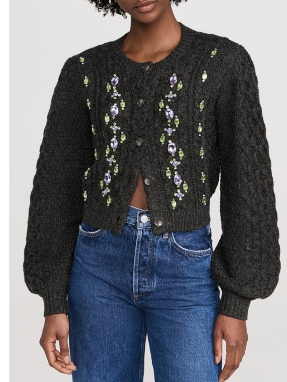 Cinq à Sept Joelle Embellished Cable Cardigan Charcoal Lilac Green Wool XS NWT